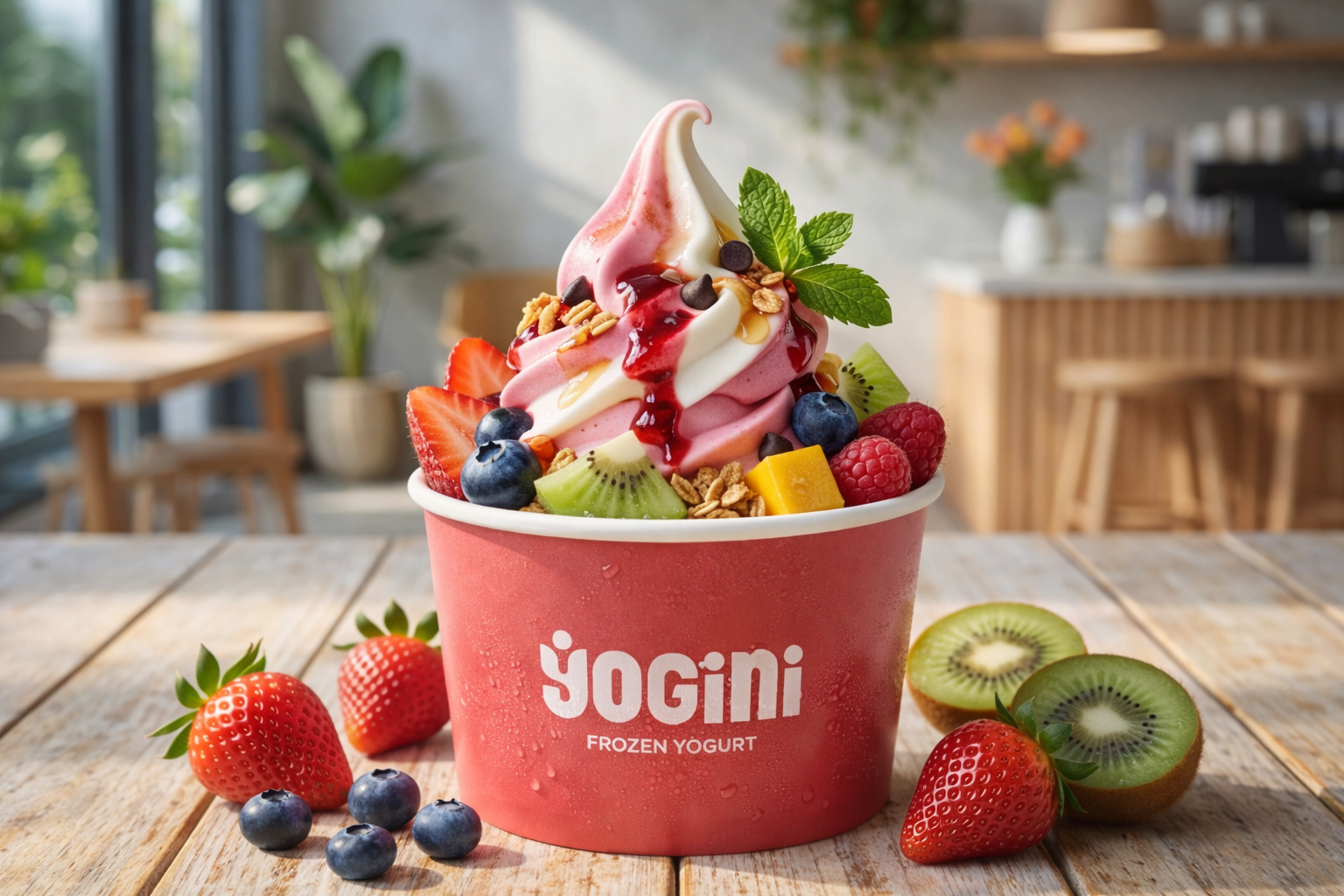 Yogini markalı meyveli frozen yogurt kasesi
